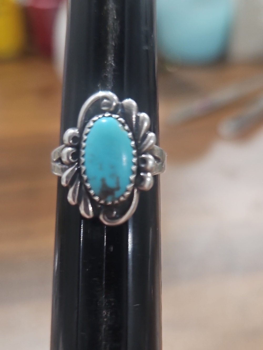 Vintage Turquoise Sterling Silver Ring Oval Floral Southwestern Boho - Picture 2 of 7